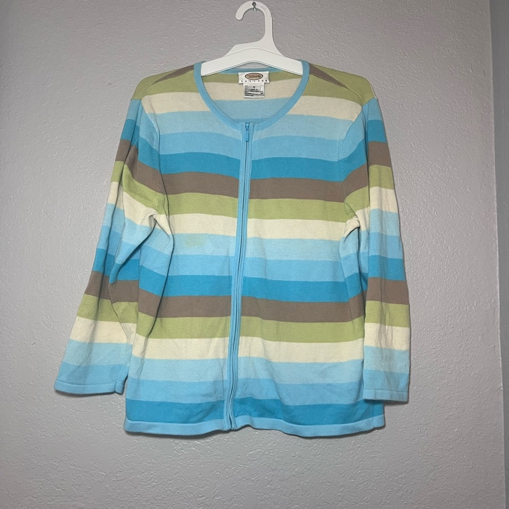 Talbots Blue Striped Full Zip Cardigan Pastel Multicolor
